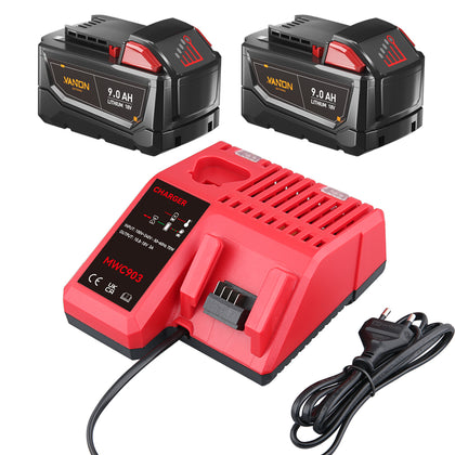 Für Milwaukee 18V 9.0Ah Li-ion Akku Ersate X2 UND Für Milwaukee Batterieladegerät 12V-18V