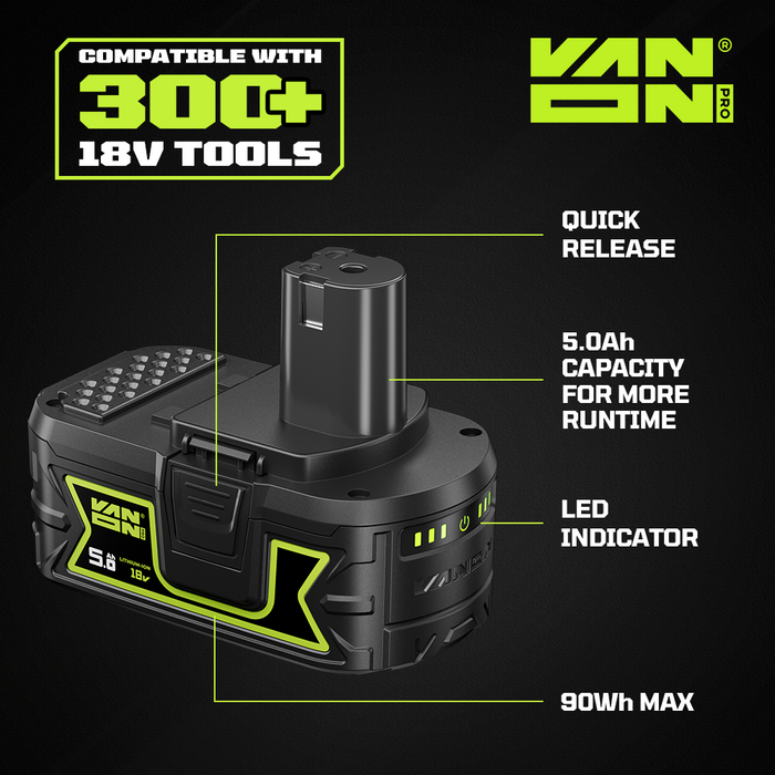 For Ryobi 18V P108 Battery 5Ah Replacement - VANON PRO