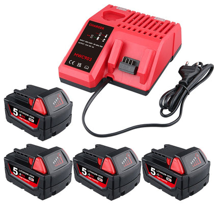 Für Milwaukee 18V 5.0Ah Akku Ersatz | Li - ion Akku 4 Stück + Für Milwaukee Batterieladegerät 12V - 18V | M 12 - 18C Ladegerät ersetzen - Dasbatteries