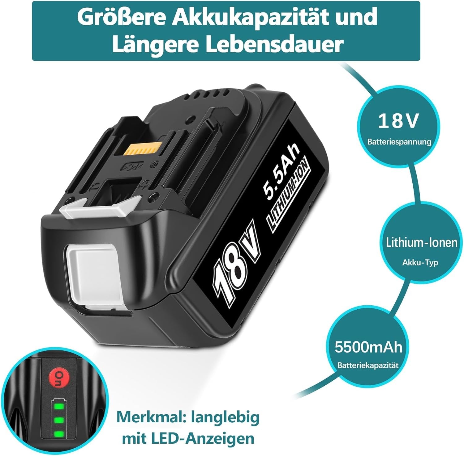 18V 5.5Ah BL1850B Ersatzakku für Makita mit LED 3-Stück/Kompatibel mit Makita 18V BL1830B BL1860B BL1820 LXT-400 - Dasbatteries