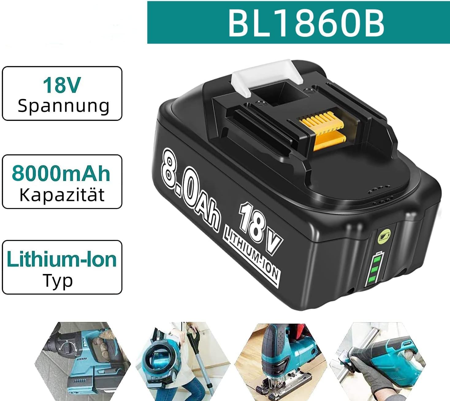 18V 8Ah BL1860B Ersatzakku für Makita mit LED 4-Stück/Kompatibel mit Makita 18V BL1830B BL1860B BL1820 LXT-400 - Dasbatteries