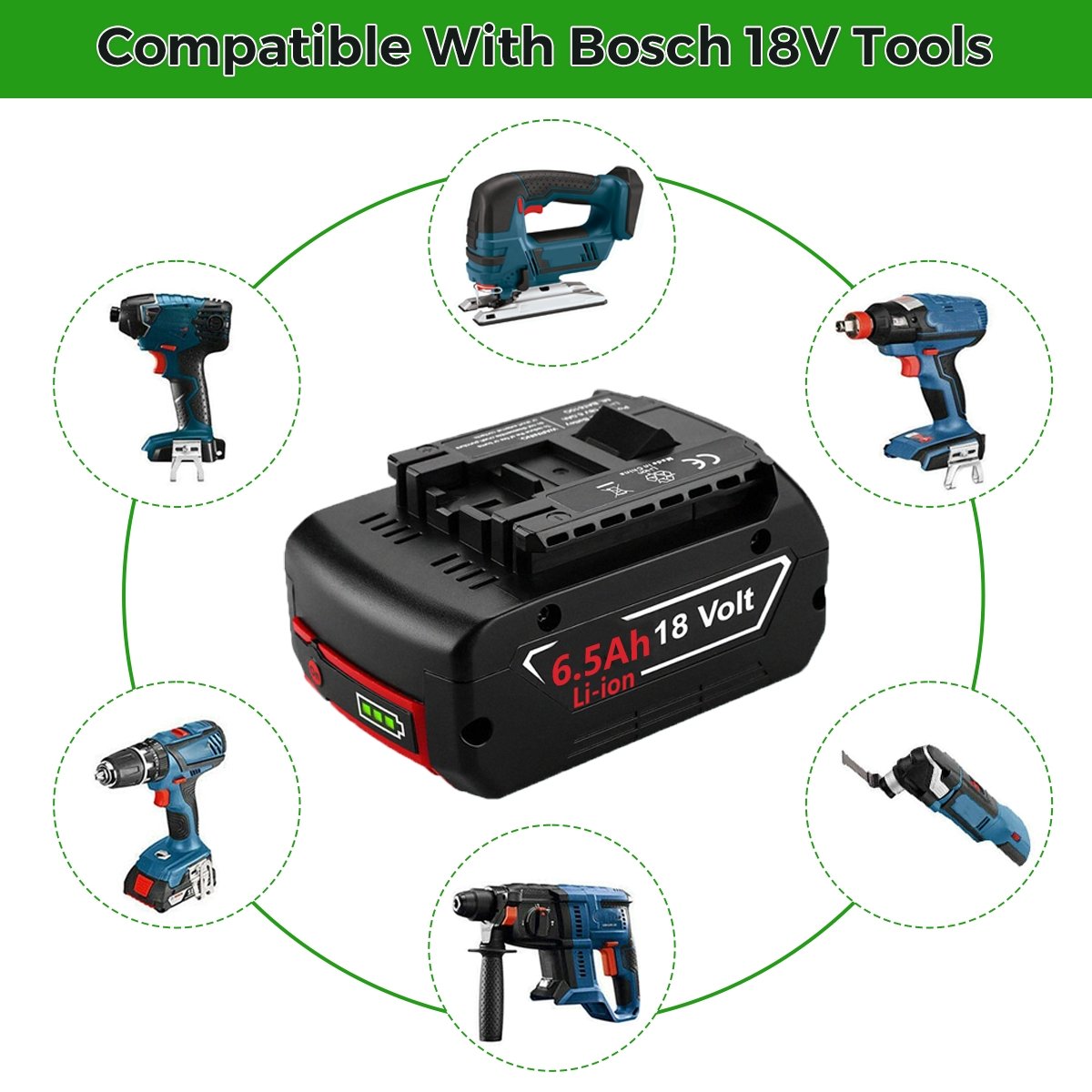 18V 6.5AH for Bosch Bat610g Li-ion battery replacement with LED 8 pieces  /compatible with BAT610G BAT618G BAT620 BAT621
